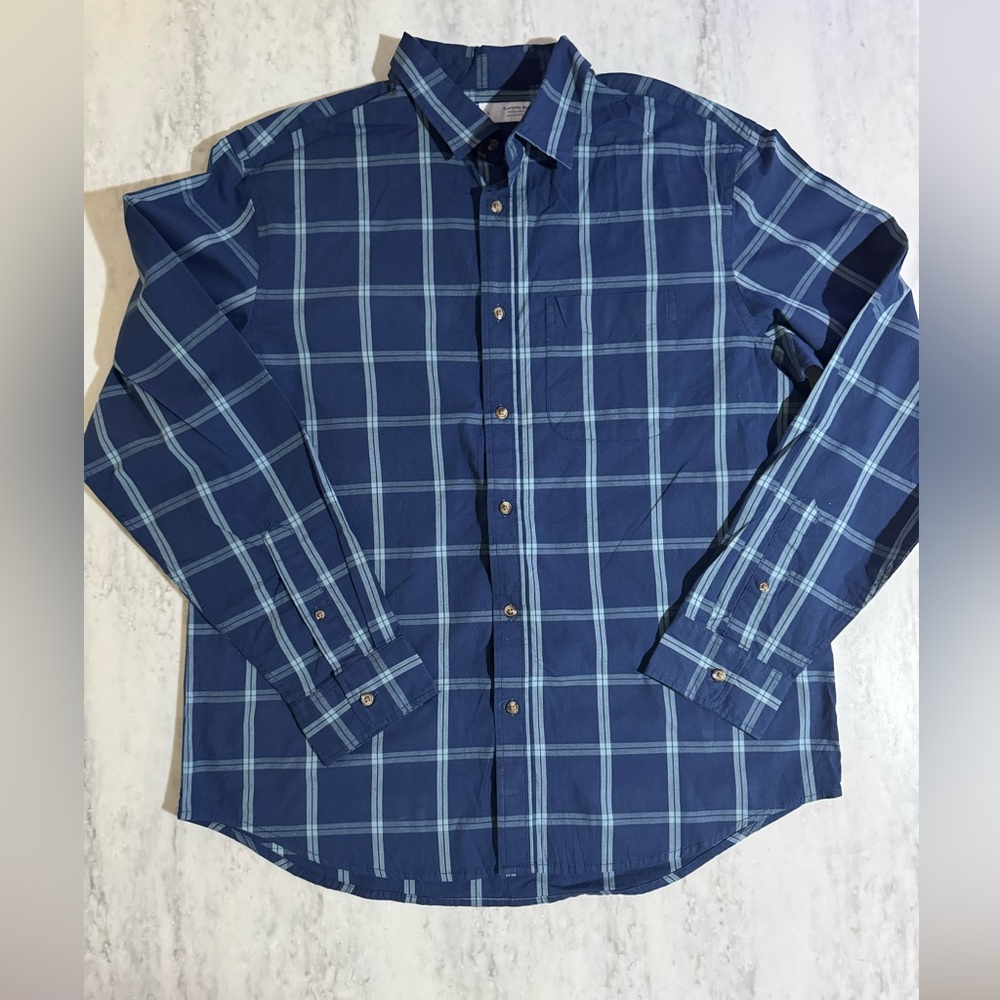 NWT Old Navy Men's Cotton Navy Plaid Button Down Shirt size L